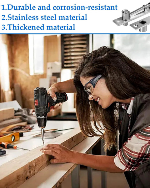 Person using drill on wood, highlighting features of Heavy Duty Invisible Pivot Hinge For Concealed Doors And Bookshelves, 304 Stainless Steel.