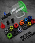 18-Piece Engine Oil Funnel Kit with 12 color-coded adapters, clear funnel, elbow fitting, on gray background.