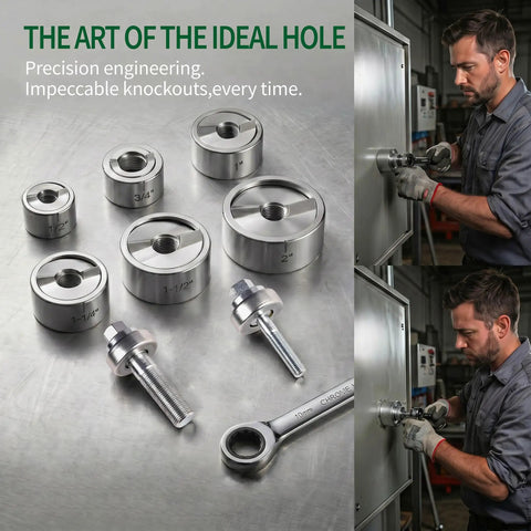 No Sweat Heavy Duty Ratchet Knockout Hole Punch Driver Kit with six precision dies set on metal table.