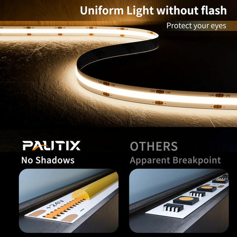 Ultra Bright 24ft COB LED Strip Light With 3780 LEDs, Natural White 4000K, CRI 90+, illuminated on dark surface