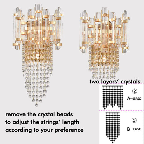 Brass Wall Sconce With Crystal Strings And Glass Bars Dimmable Two Layer Light Head Adjustable Beam Lit Glam Lighting For Bedroom Or Bathroom Easy Style Upgrade, showing removable crystal beads.