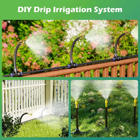 66 Ft Drip Irrigation Kit With Dope 20 Piece 360 Degree Adjustable Misting Nozzles And 0.3 Inch Hose in garden setup
