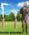 Gardener holding 2 Pack Hand Weeder Set With L Shaped Crevice Tool And Curved Tip Weeder Heat Treated Steel Blades And Ash Wood Ergonomic Handles.