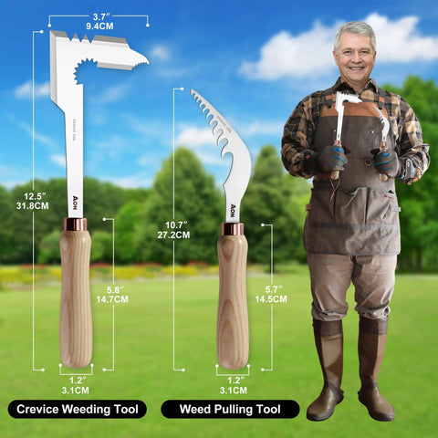 Gardener holding 2 Pack Hand Weeder Set With L Shaped Crevice Tool And Curved Tip Weeder Heat Treated Steel Blades And Ash Wood Ergonomic Handles.