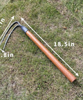 Go-To Two-Piece Garden Pick And Hoe Set, 19.6 Inch, shown on grass, wooden handle, 2-prong head with measurements