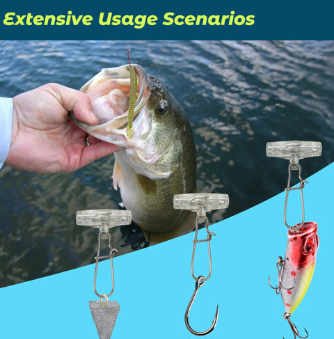Sinker Slide Clips With Duo Lock Snaps for Lures, Sinker Weights, Floats, Swivels, and Catfish Rigs in use, lake backdrop