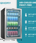 Wine And Beverage Cooler With Glass Door 128 Can Capacity Mini Fridge For Home Or Office Adjustable Removable Shelves Silver Finish Precise Temperature Control With Easy Touch Panel