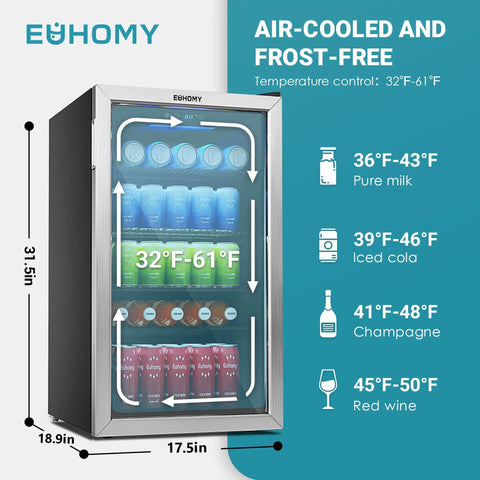 Wine And Beverage Cooler With Glass Door 128 Can Capacity Mini Fridge For Home Or Office Adjustable Removable Shelves Silver Finish Precise Temperature Control With Easy Touch Panel