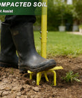 Hand Tiller Cultivator With Steel Garden Claw in use on compacted soil with foot assist; suited for small to medium gardens.
