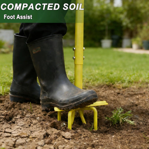 Hand Tiller Cultivator With Steel Garden Claw in use on compacted soil with foot assist; suited for small to medium gardens.