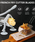 Top Tier Rock Solid 3/8 Inch French Fry Cutter Blade And Pushing Block Replacement Kit showing stainless cutter with fries.