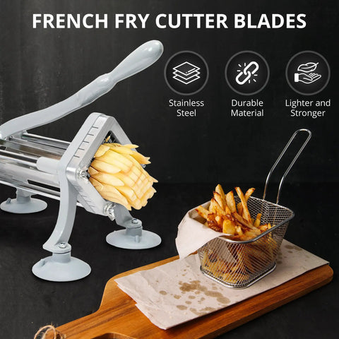 Top Tier Rock Solid 3/8 Inch French Fry Cutter Blade And Pushing Block Replacement Kit showing stainless cutter with fries.