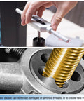 Three Piece Hand Tap And Die Set For M11 X 1 Taper And Plug Taps Right Hand Taps And Round Die Hand Threading Tool Kit For Quick Thread Fix In Auto Motorcycle And DIY Projects shown in use with metal surface.