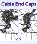 Universal 103Piece Bike Brake Cable Kit With Chromium Vanadium Steel Cable Cutter And Shifter Cables close-up on bike derailleur and end caps.