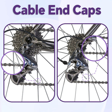 Universal 103Piece Bike Brake Cable Kit With Chromium Vanadium Steel Cable Cutter And Shifter Cables close-up on bike derailleur and end caps.