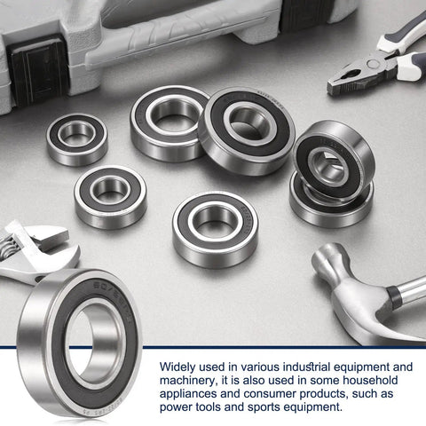 Set of Deep Groove Ball Bearings 32mm x 65mm x 17mm Chrome Steel Double Rubber Sealed ABEC 5 Tolerance with tools in background