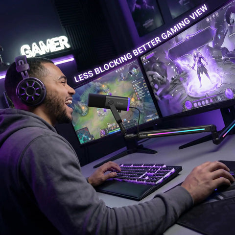 Gamer using RGB Microphone Boom Arm With Controllable Lighting, Adjustable Low Profile Desk Clamp Mic Stand BM88Pro