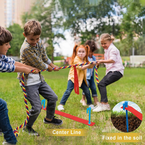 Kids playing with tug of war rope kit for field day and backyard fun for kids and adults, 20ft option, includes center line and flag.
