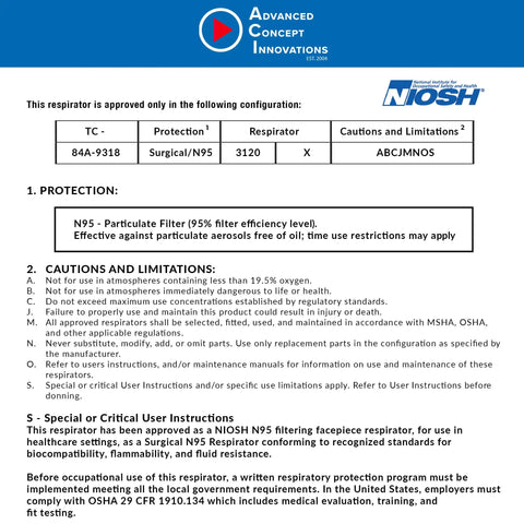 Technical specifications for N95 Duckbill Respirator Mask With Pouched Design For All Day Breathable Comfort Flexible Nosepiece And Headloops For A Secure Fit Blue Box Of 50 NIOSH Approved Made In USA