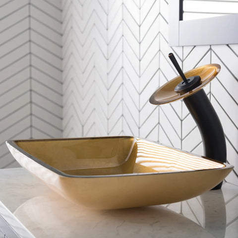 Rectangular Gold Glass Vessel Bathroom Sink 22 Inch Above Counter Slick Modern Look With Scratch Resistant Finish Easy To Clean