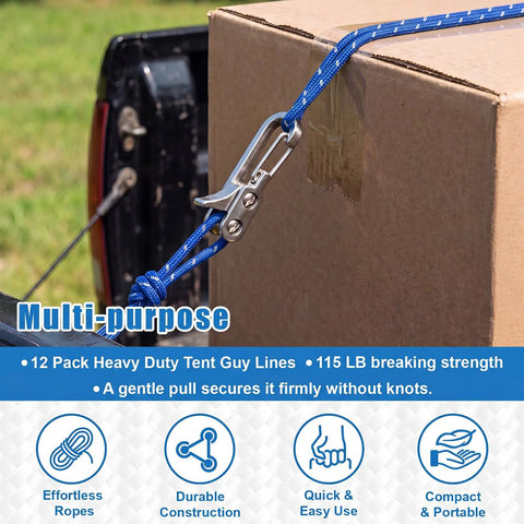 12 Pack Rope Tightening Tools With Locking Tensioners Set securing a cardboard box in a truck with blue nylon rope
