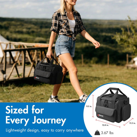 Portable Thermoelectric Cooler Warmer Bag 14 Liters being carried outdoors, compact design for road trips and camping.