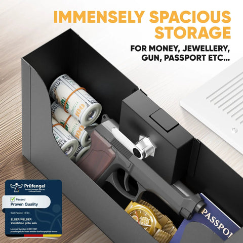 Open hidden wall safe with air vent cover showing gun, passports, cash rolls in spacious storage fits between 16 inch studs