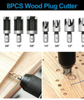 8-piece wood plug cutter set used with a drill for precise wood hole cutting, part of the All In One Pro Grade Woodworking Drill Bit Set.