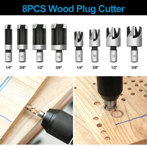 8-piece wood plug cutter set used with a drill for precise wood hole cutting, part of the All In One Pro Grade Woodworking Drill Bit Set.
