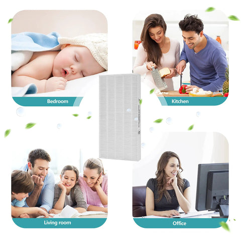 HRF-G True HEPA Replacement Filter 2-Pack for Honeywell air purifiers shown in bedroom, kitchen, living room, and office.