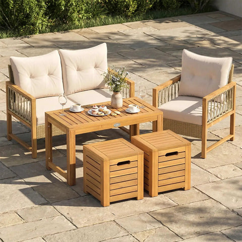 Acacia Wood Outdoor Coffee Table With Stools Three Piece Patio Set With Hidden Storage For Balcony And Garden in patio setting