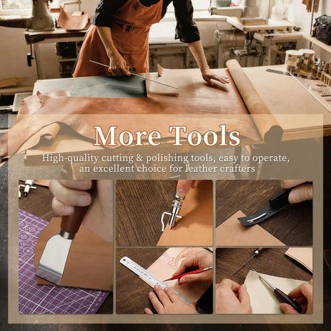 Craftsperson working with All In One Leather Tool Kit For Crafting And Leatherwork, Pro Grade Leathercraft Set With Storage Bag, Stamping Carving Punching Tools For Sewing, Making And Handicrafts, Durable Portable Organizer For Home Or Studio