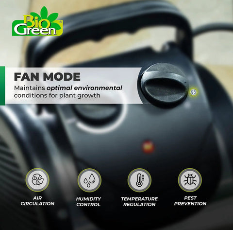 Dual Element Electric Fan Heater For Greenhouses With Independent Heating Elements And Adjustable Thermostat shown in fan mode.