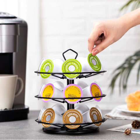 K Cup Holder Carousel 3 Tier For Keurig Pods Storage Stand Metal Small Footprint 7.4 Inch Wide With 360 Degree Rotation And 21 Pod Capacity