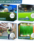 Beastly 600W Outdoor LED Flood Lights 2 Pack illuminating garden, football court, warehouse, and basketball court applications