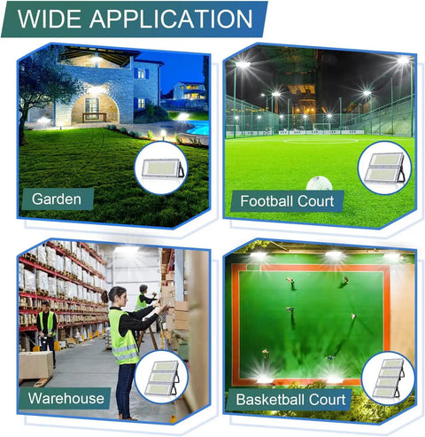 Beastly 600W Outdoor LED Flood Lights 2 Pack illuminating garden, football court, warehouse, and basketball court applications
