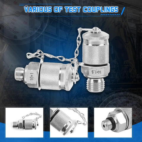 Heavy Lifter Hydraulic Pressure Test Kit With Four Reliable Gauges And Ten Rugged Couplings Plus Three Premium Hoses Perfect For Excavator Service And Construction Project Demands Comes With A Secure Latch Carry Case