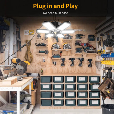 4 Foot LED Shop Light With 6 Foldable Heads, illuminating workshop tools, plug in and play, no need bulb base