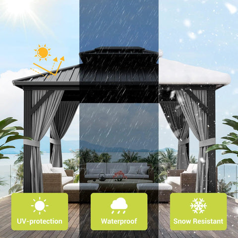 Built Tough 10 Foot By 12 Foot Aluminum Hardtop Gazebo With Double Metal Roof And All Weather Permanent Outdoor Canopy in various conditions.