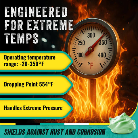 Dial thermometer in flames with text 'Engineered for Extreme Temps' showcasing Green Grease high temperature features.
