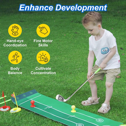 Child playing with Dinosaur Themed Kids Golf Set For Ages 3 To 6 With Automatic Ball Returner Light Up Balls on outdoor mat