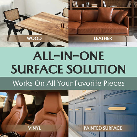 Premium Leather Furniture Salve And Deep Conditioner Set With Brush To Smooth Couches Sofas And Vinyl displayed on various surfaces.