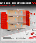 Illustration of red wall mounted power tool organizer with four cordless tool holders and installation accessories.