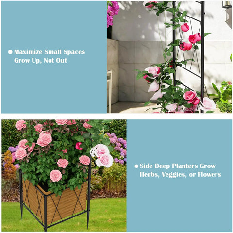 Heavy Duty Metal Garden Arch Trellis With Dual Planter Boxes For Climbing Plants In The Yard showcasing roses in black finish