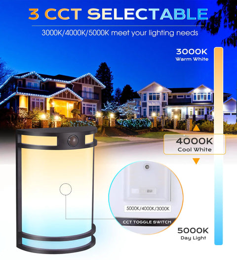 Illustration of Three Color Indoor Outdoor Motion Sensor LED Wall Light With 3000K 4000K 5000K Selectable Temperatures 120V 15W 1000LM