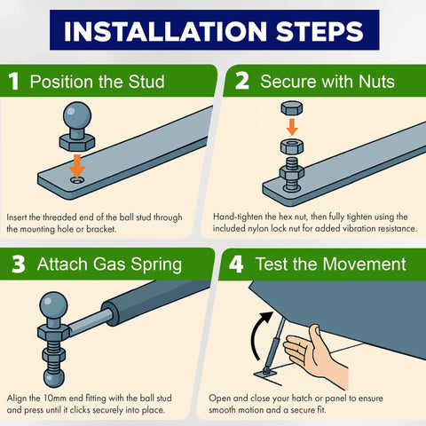 Installation steps for 13mm Ball Stud With Nyloc Nuts Gas Lift Strut Support Fitting Four Pack Quick Release Socket Design.
