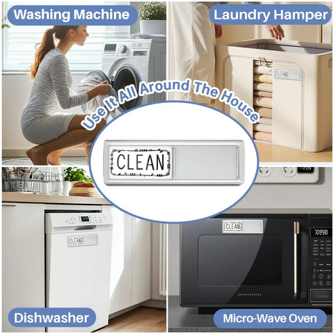 Dishwasher Clean Dirty Magnet Sign With Slide Tab on dishwashers, microwaves, laundry hampers, and washing machines.