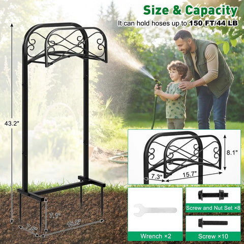 Outdoor Garden Hose Holder Stand 43 Inches Tall With Four Prongs Base Detachable Metal Hose Keeper Freestanding Super Sturdy Heavy Duty Organizer Holds Up To 150 Feet Of Hose Black, shown in garden setting with size details.