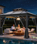 10x10 Ft Polycarbonate Hardtop Gazebo With UV Blocking Roof All Season Weatherproof Patio Shelter with seating area at night