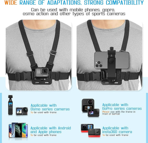Person wearing Grab-and-Go Chest Strap Mount with GoPro and phone clip, compatible with 4-7 inch phones and action cameras, for vlogging.